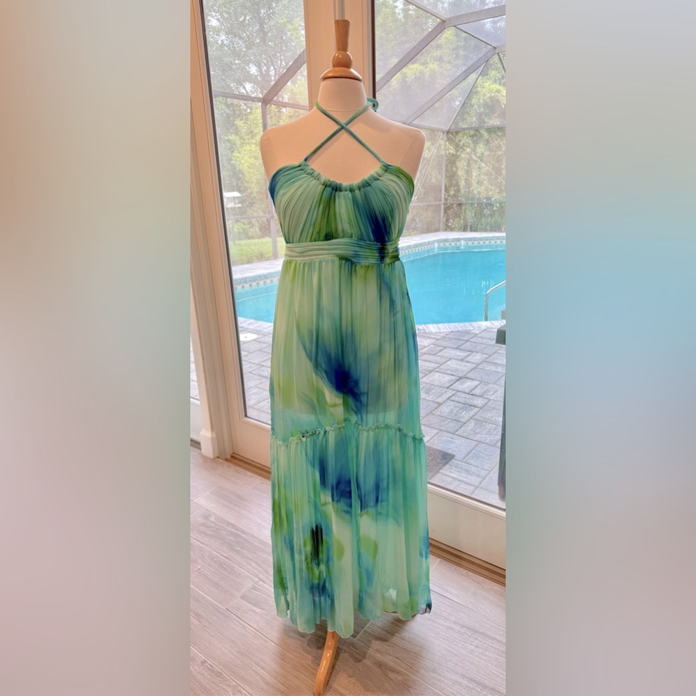 NWT Mango - Green and Blue Ruched Tiered Maxi Sundress size 8
